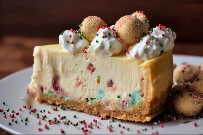 Delicious slice of Sugar Cookie Cheesecake topped with sprinkles