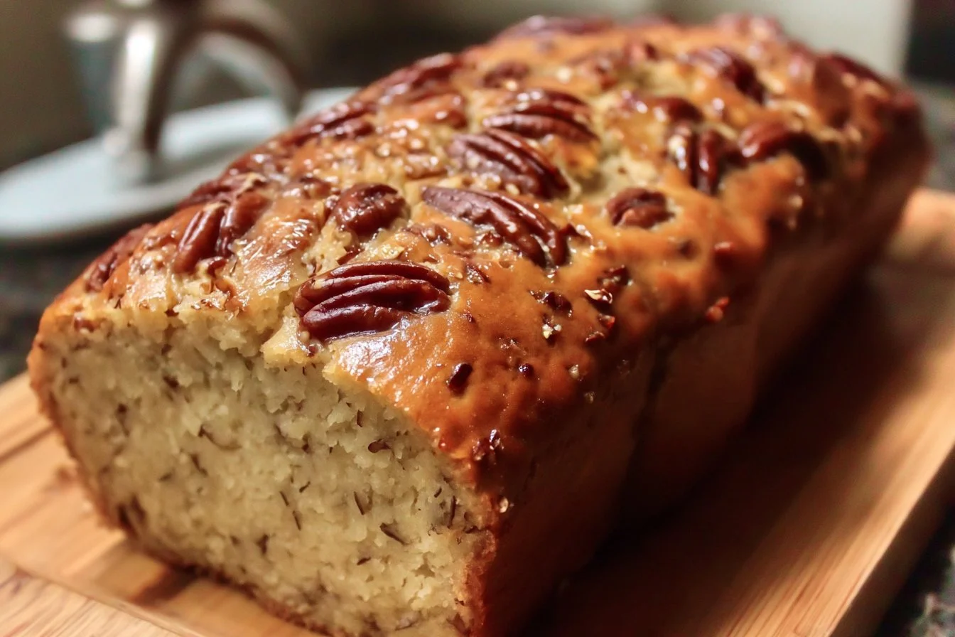 Slices of moist Sweet Alabama Pecan Bread showing the nuts, dusted lightly with powdered sugar, served on a white plate.