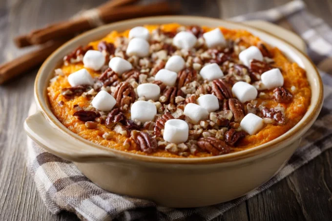 Delicious sweet potato casserole topped with fluffy marshmallows