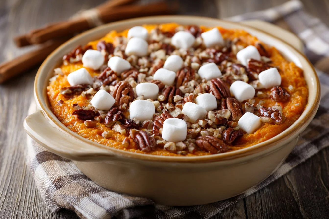 Delicious sweet potato casserole topped with fluffy marshmallows