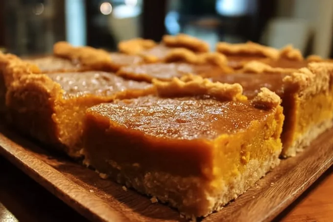 A slice of sweet potato pie bars with whipped cream on top