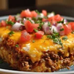 Delicious Taco Bake dish layered with tortillas, ground beef, and cheese.