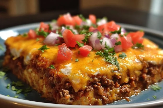 Delicious Taco Bake dish layered with tortillas, ground beef, and cheese.
