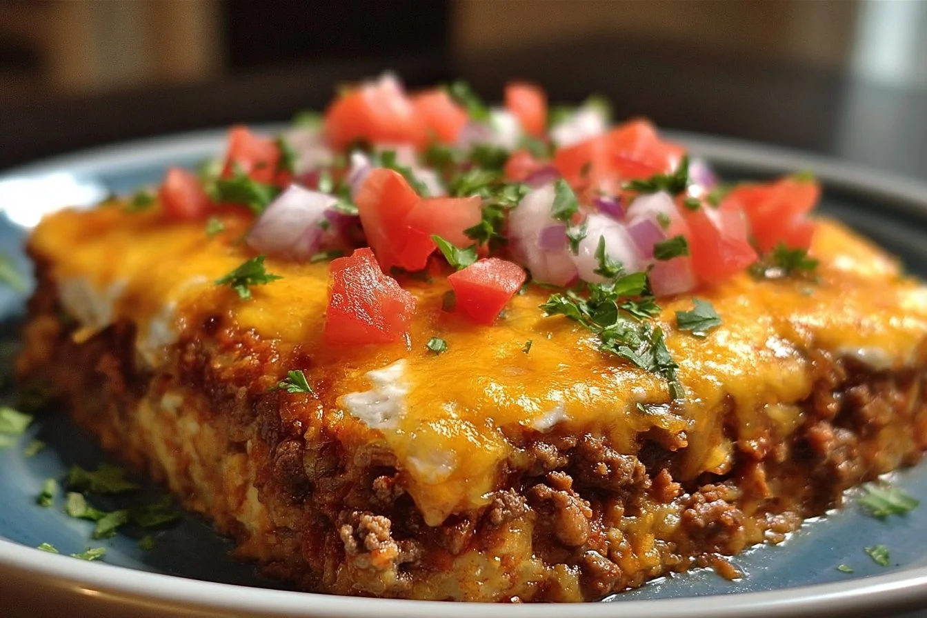 Delicious Taco Bake dish layered with tortillas, ground beef, and cheese.