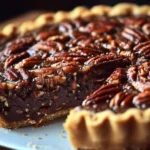 Delicious Texas chocolate pecan pie with a rich chocolate filling and pecan topping.