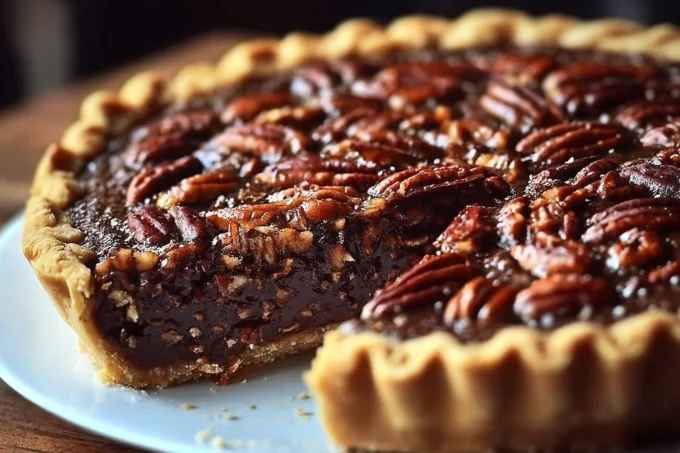 Delicious Texas chocolate pecan pie with a rich chocolate filling and pecan topping.