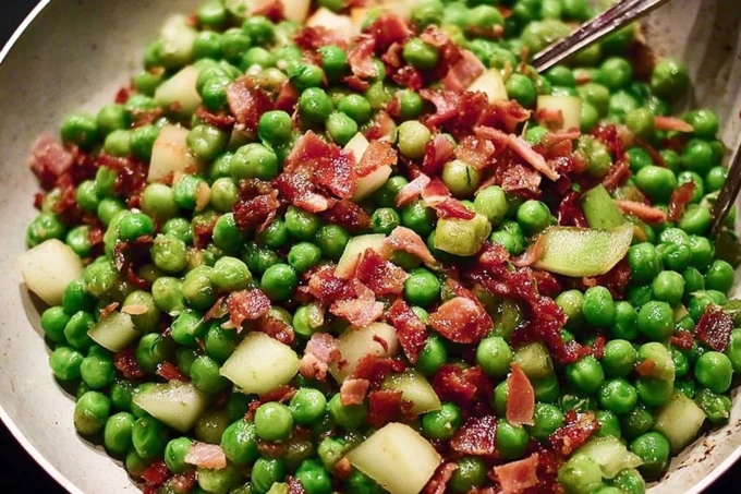 Thanksgiving peas with pancetta and pears served in a festive dish