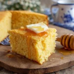 Delicious slice of homemade cornbread on a wooden table