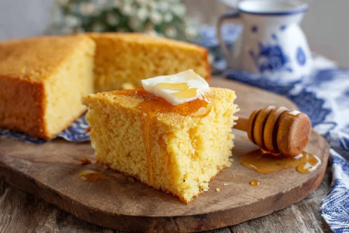 Delicious slice of homemade cornbread on a wooden table