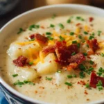 Bowl of creamy potato soup topped with green onions and herbs
