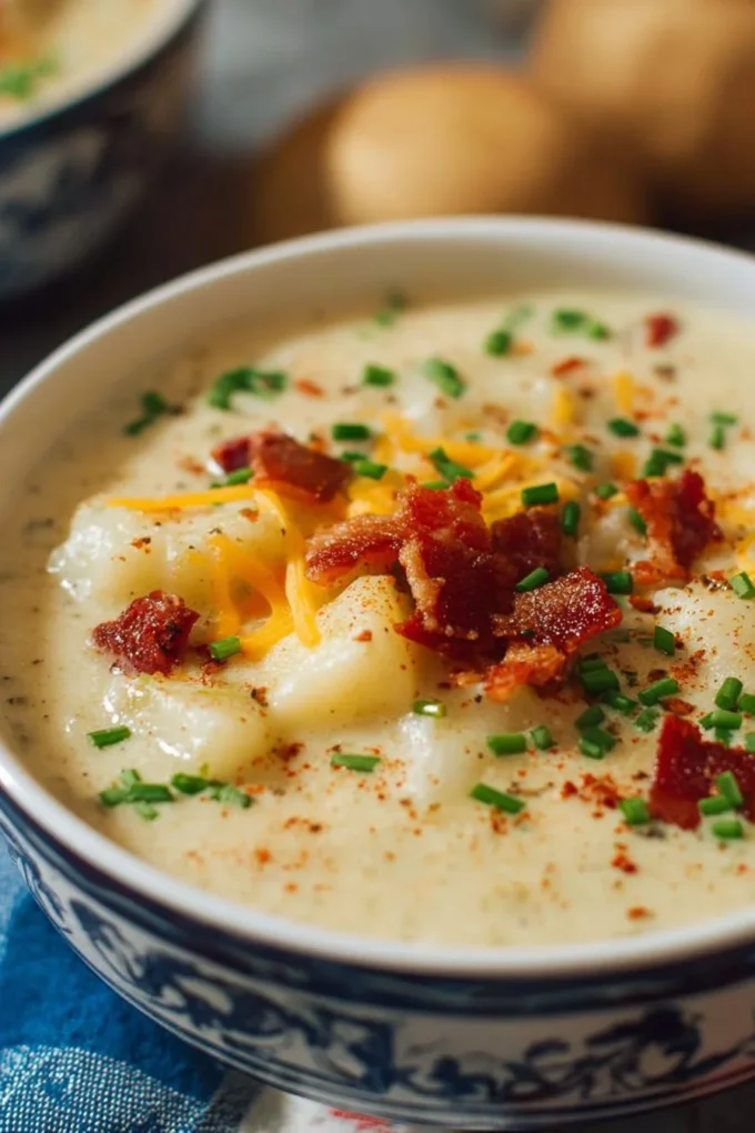 Bowl of creamy potato soup topped with green onions and herbs