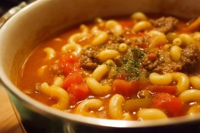 Delicious Tomato and Beef Macaroni Soup in a bowl, garnished with herbs.