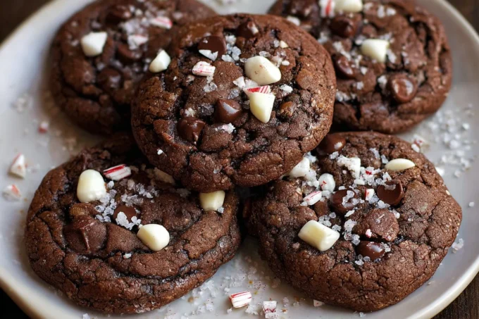 Triple Chocolate Peppermint Cookies decorated with festive holiday sprinkles.