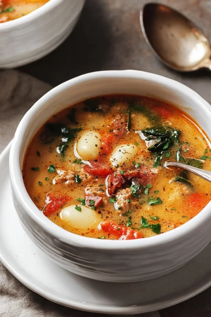 Bowl of delicious Tuscany Soup filled with fresh vegetables and herbs
