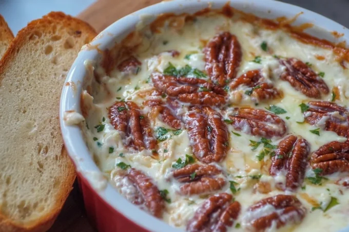 Warm Swiss and Onion Dip baked until golden and bubbly