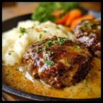 A mouth-watering Amish Hamburger Steak Bake topped with gravy.