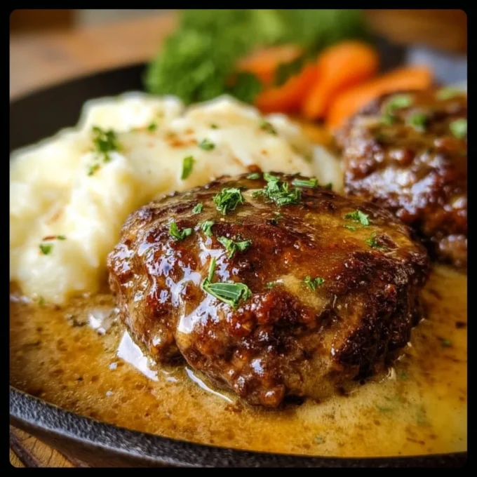 A mouth-watering Amish Hamburger Steak Bake topped with gravy.
