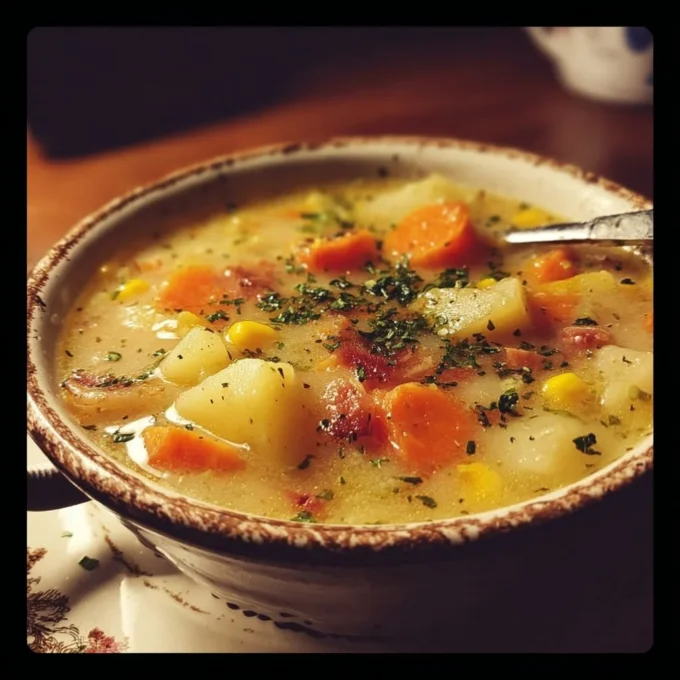 Bowl of hearty Amish Snow Day Soup, perfect for cold winter weather