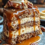 Delicious homemade Banana Pecan Caramel Cake with nuts and caramel sauce