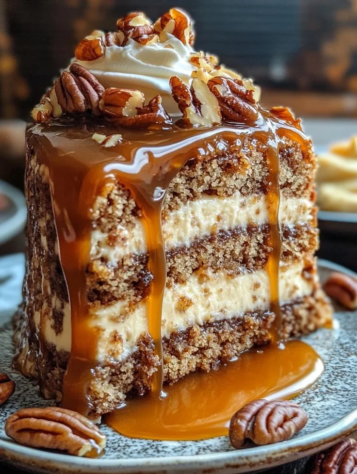 Delicious homemade Banana Pecan Caramel Cake with nuts and caramel sauce