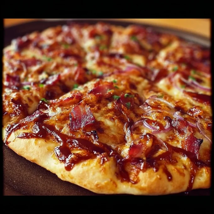 Delicious Barbecue Bacon Pizza topped with smoky flavors and crispy bacon.