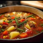 Bowl of Easy Vegetable Beef Soup with fresh vegetables and tender beef.