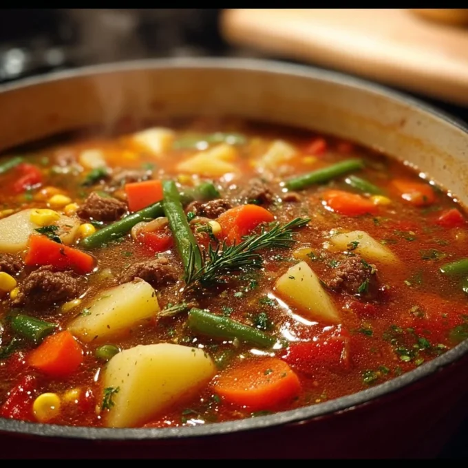 Bowl of Easy Vegetable Beef Soup with fresh vegetables and tender beef.