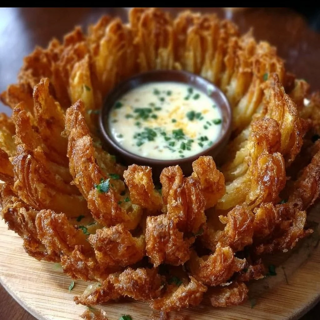 Blooming Onion served with zesty dipping sauce on a platter