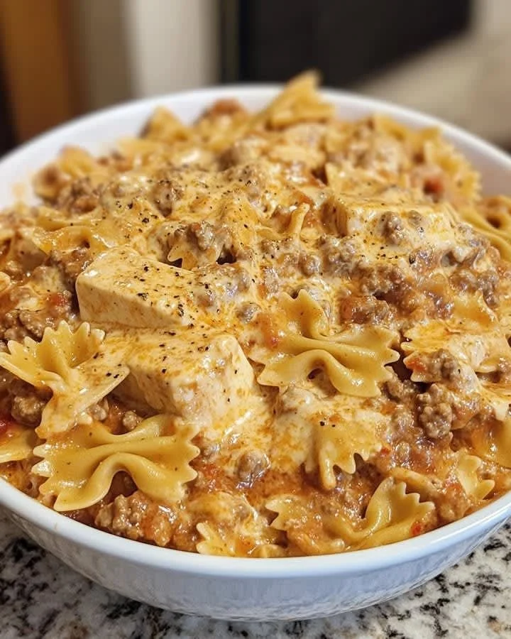 Bowtie pasta topped with creamy Velveeta beef sauce in a cozy serving dish.