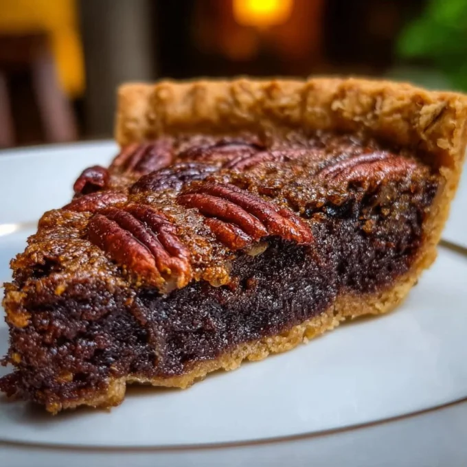 Delicious slice of Brownie Pecan Pie with chocolate and pecans