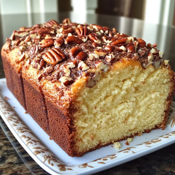 Delicious Butter Pecan Pound Cake with pecans and a golden crust
