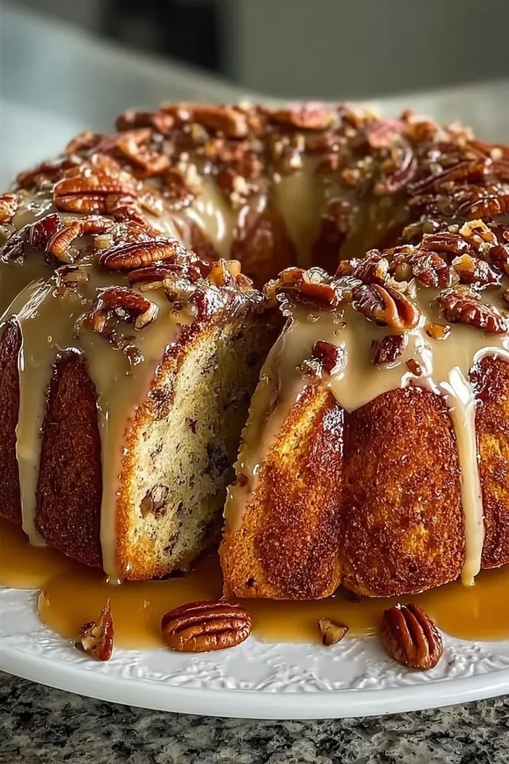 Delicious Caramel Pecan Bundt Cake with caramel drizzle and pecans on top