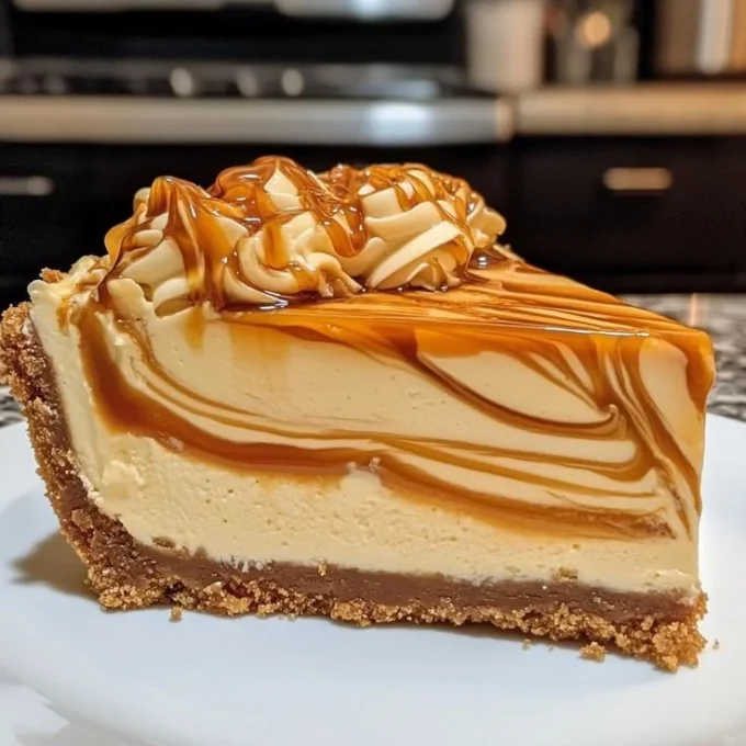Delicious Caramel Swirl Cheesecake with caramel drizzle