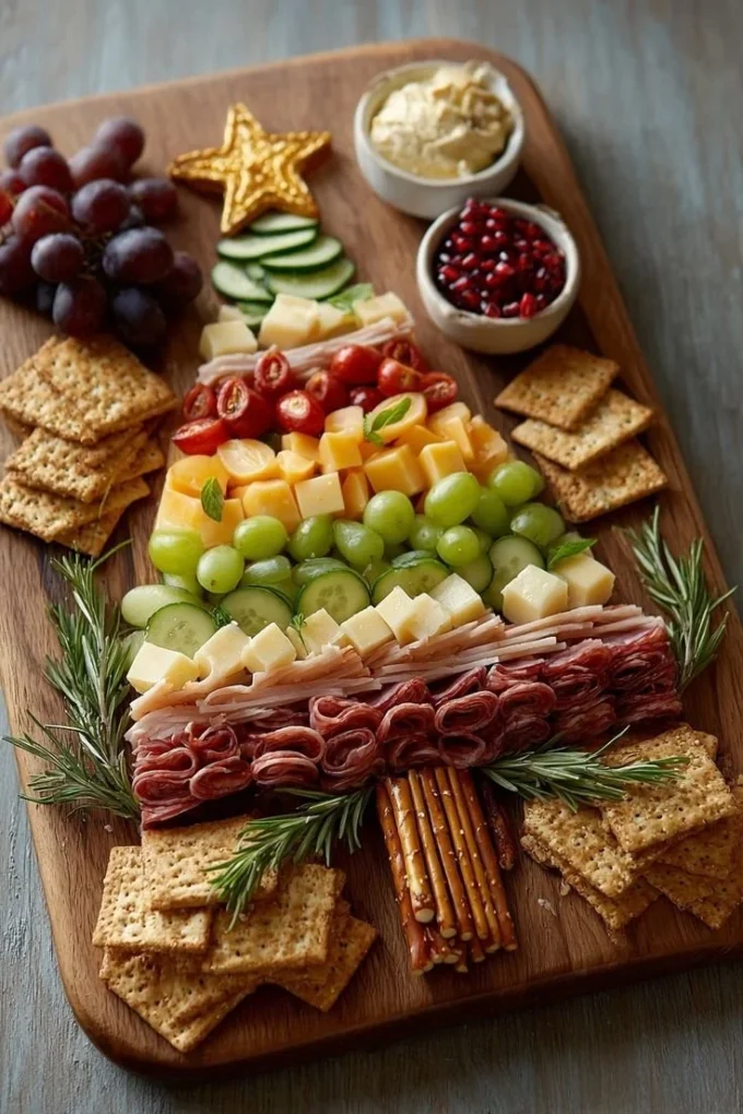 Delicious charcuterie Christmas tree decorated with meats and cheeses
