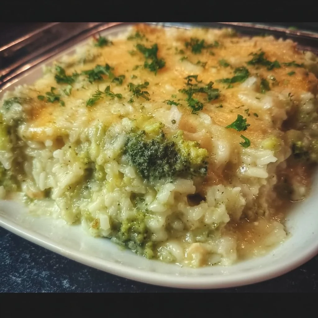 Delicious cheesy broccoli rice casserole served in a baking dish