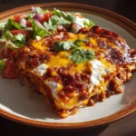 Cheesy enchilada pie topped with melted cheese and vibrant toppings.