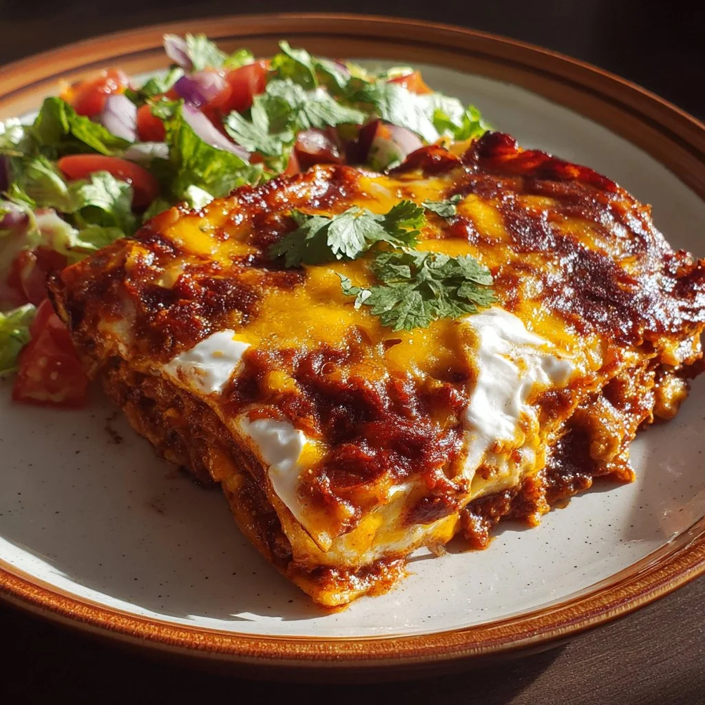 Cheesy enchilada pie topped with melted cheese and vibrant toppings.