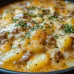 Bowl of creamy Cheesy Hamburger Potato Soup garnished with herbs