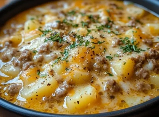 Bowl of creamy Cheesy Hamburger Potato Soup garnished with herbs