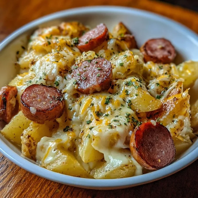 Cheesy ranch potatoes with smoked sausage in a baking dish