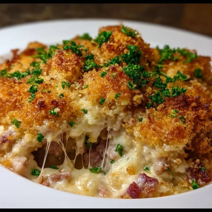 Delicious Chicken Cordon Bleu casserole topped with cheese and bread crumbs.