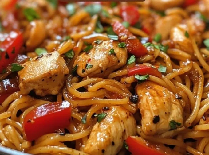 Delicious Chicken Spaghetti Lo Mein served in a bowl with fresh vegetables