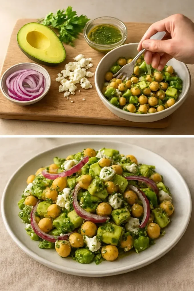 Chickpea Feta Avocado Salad with fresh vegetables and herbs