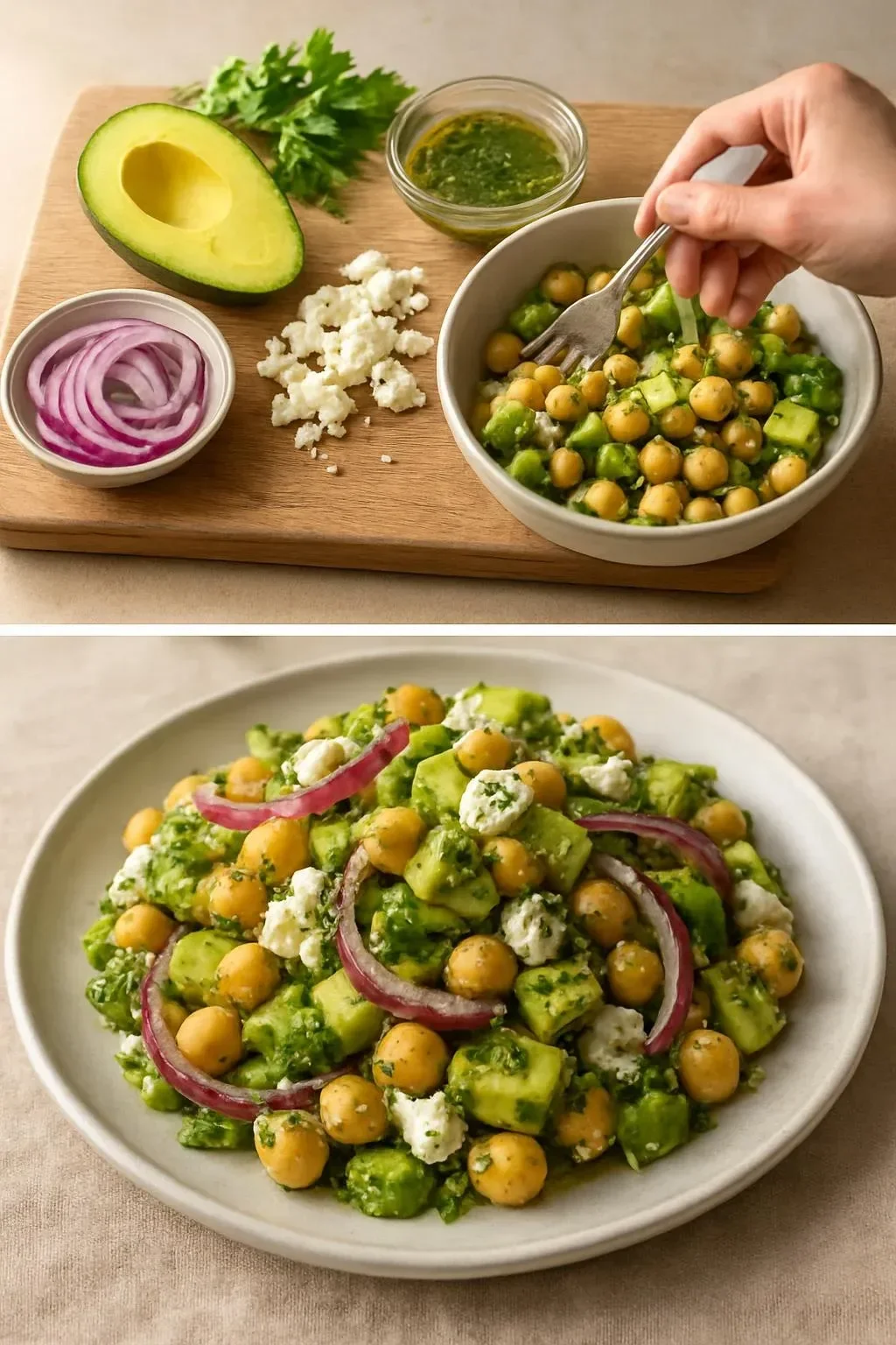 Chickpea Feta Avocado Salad with fresh vegetables and herbs
