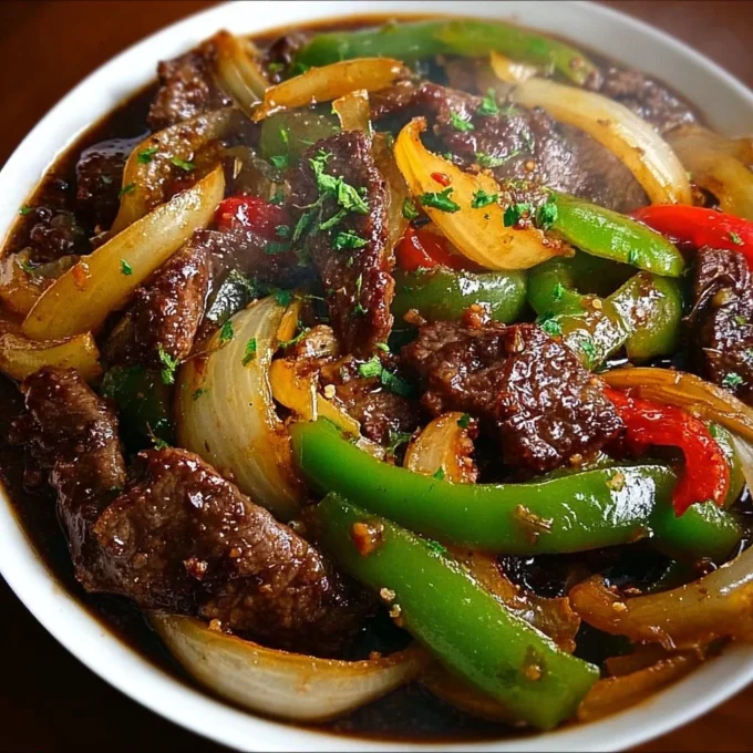 Chinese pepper steak with onions served on a plate