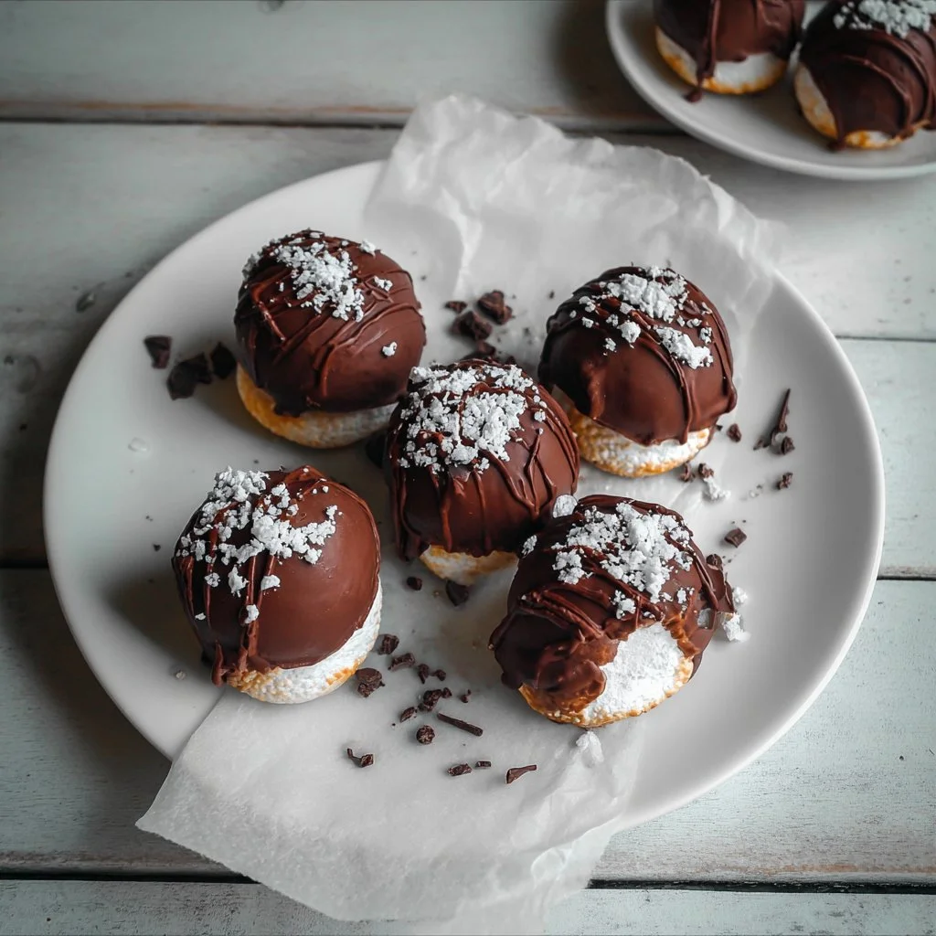 Delicious homemade chocolate marshmallow domes on a plate