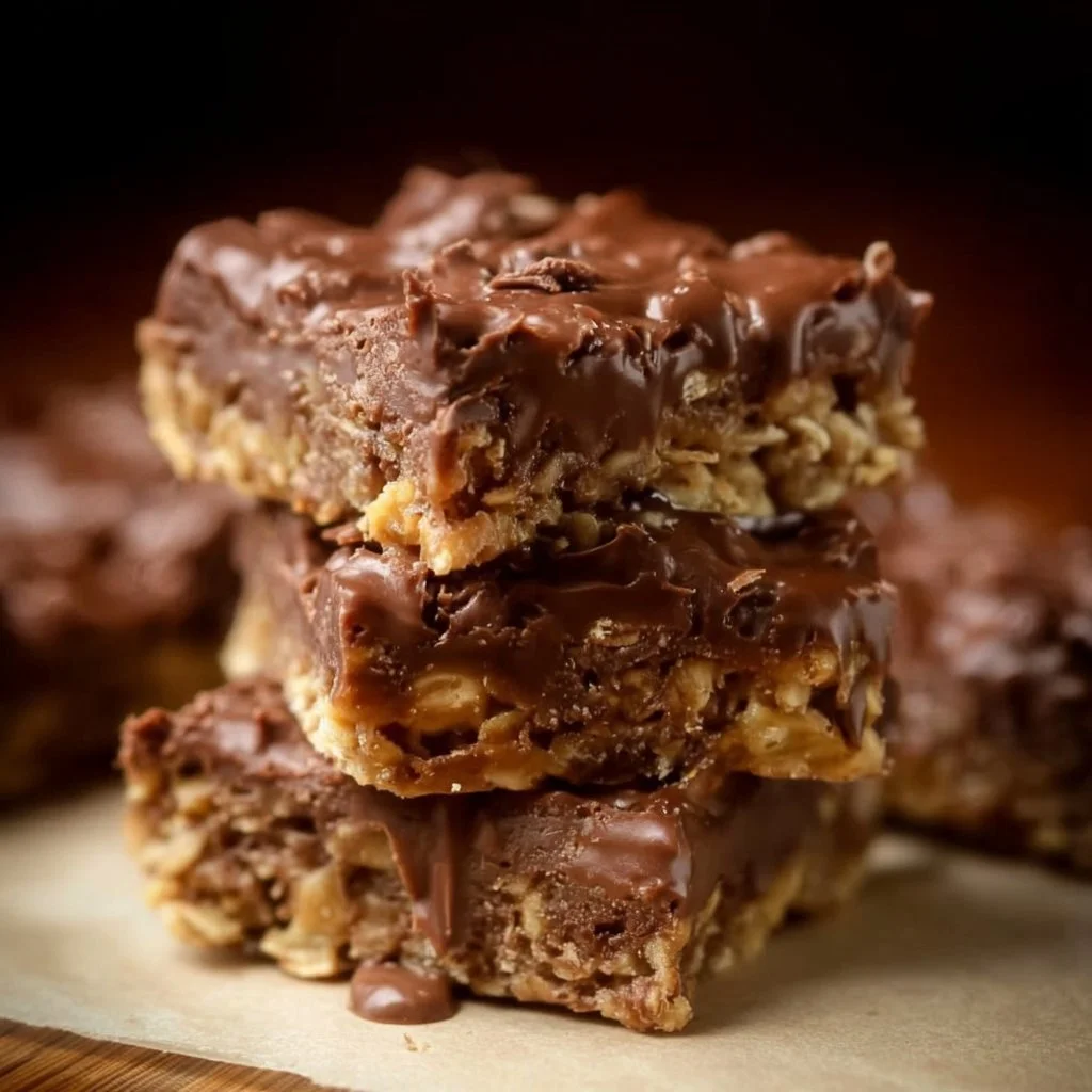 Delicious chocolate oatmeal fudge bars displayed on a rustic wooden surface