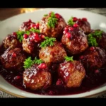 Delicious Christmas Cranberry Meatballs served on a festive platter