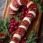 Beautifully arranged Christmas grazing table with festive foods and decorations.