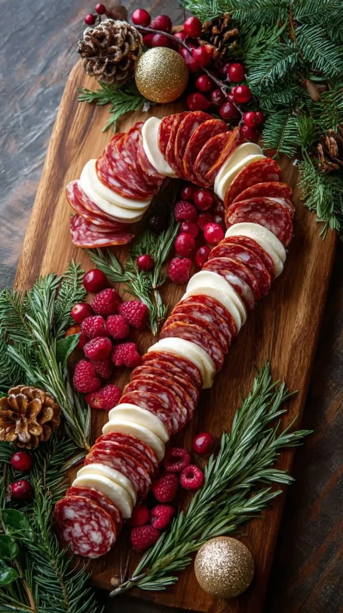 Beautifully arranged Christmas grazing table with festive foods and decorations.